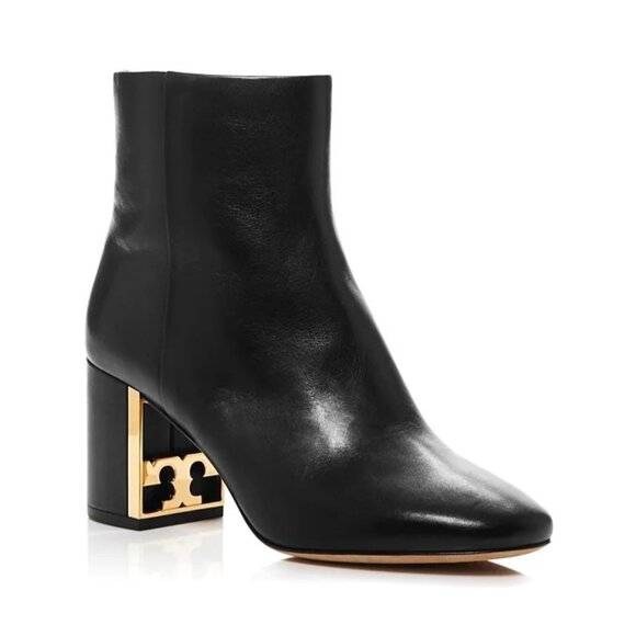 Tory Burch Women's Gigi Block Heel Booties Leather Gold Heel Detail Size 6.5 M - Picture 1 of 15